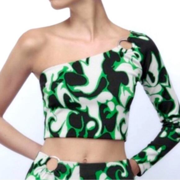 Zara one shoulder crop top green and black size S NEW - Picture 2 of 3